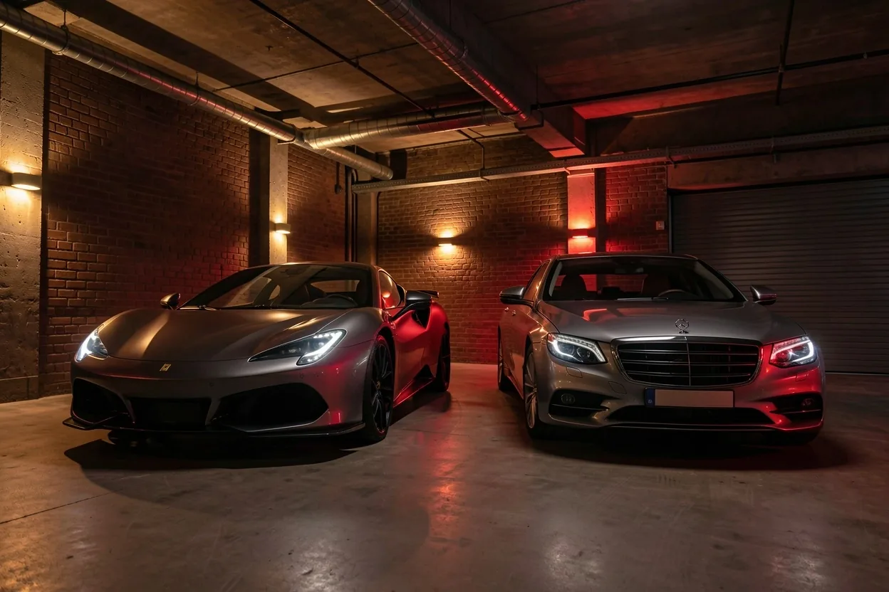 Luxe huurauto in beveiligde ondergrondse garage van Dylvoria